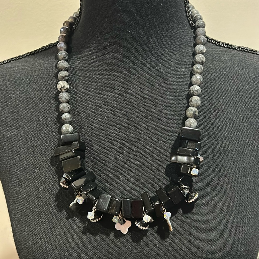 Proceeds go to Charity! Hand crafted black bead and quatrefoil dangle necklace